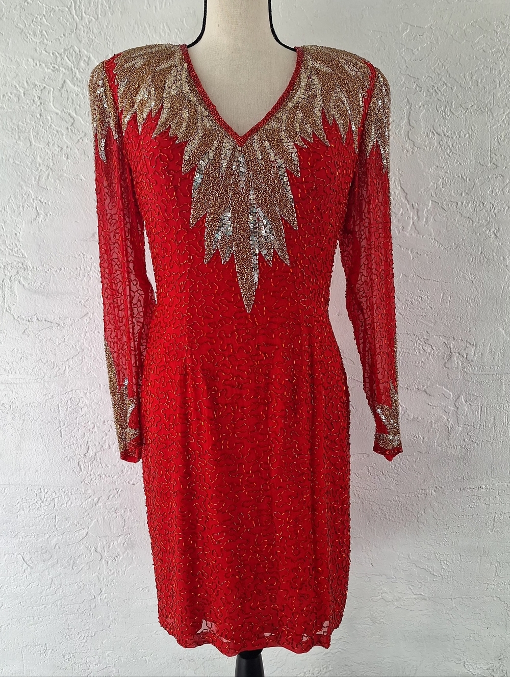 Vintage NiteLine Red Gold Silk Sequin Beaded Back Cutout Long Sleeve Dress 8